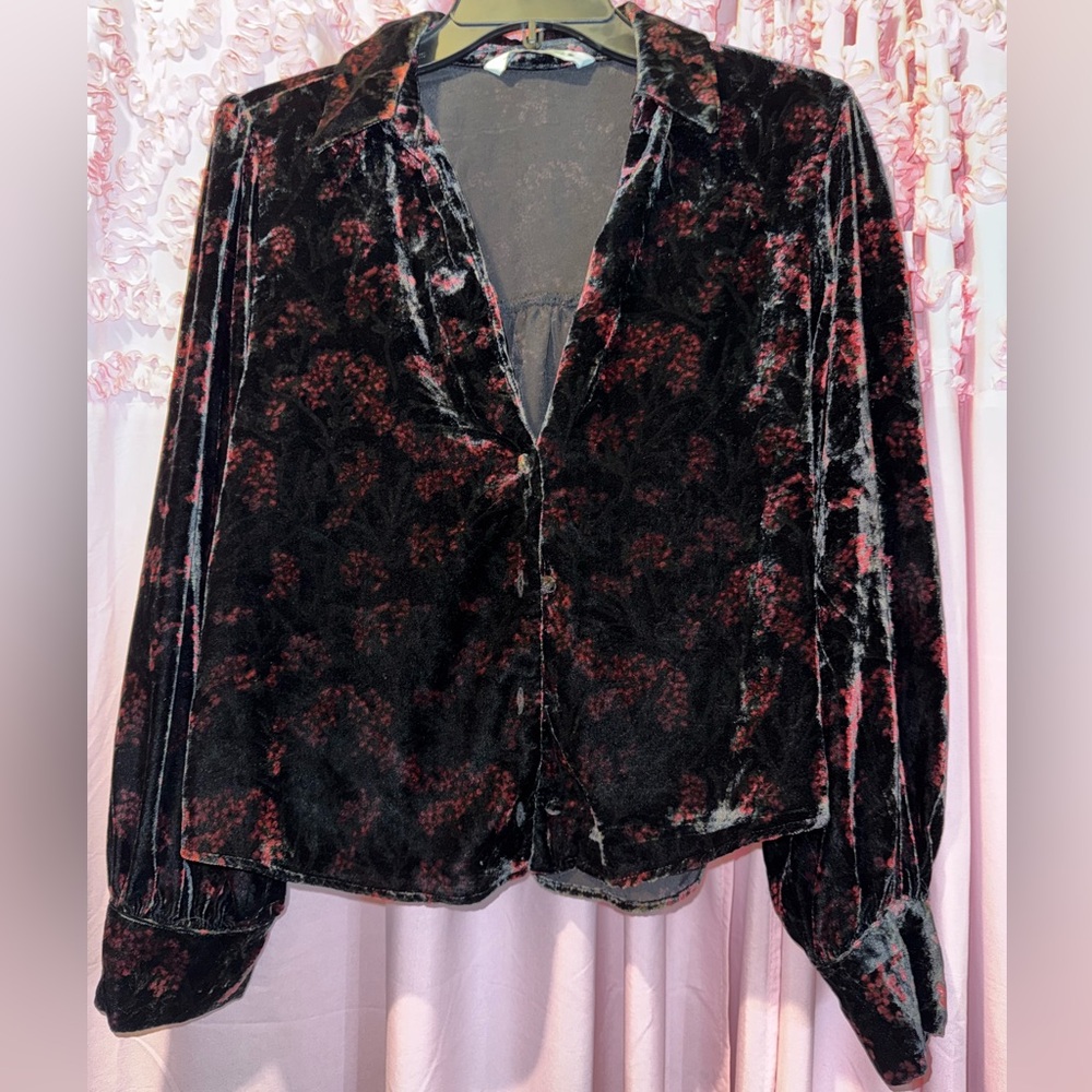 Zara Velvet Floral Cropped Button Up - Picture 3 of 7